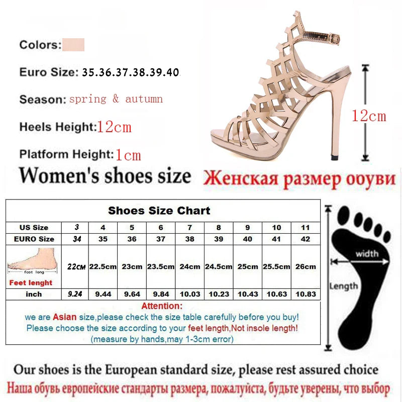 Buckle Women Hollow Out High Heels Sandals Boots Gold
