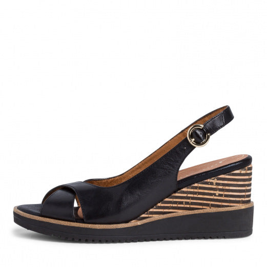 Sandale compensée à bout ouvert et bride arrière en cuir Tamaris - Noir