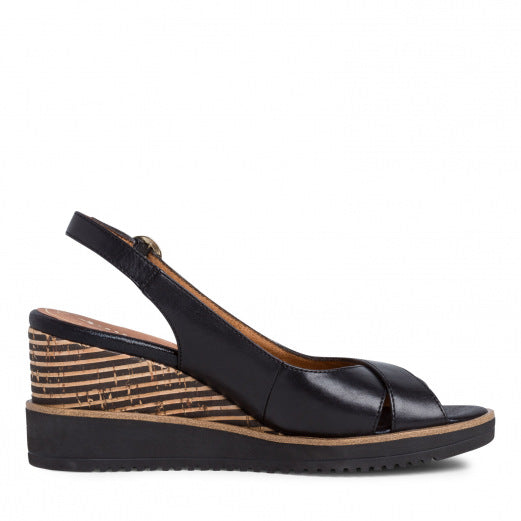 Sandale compensée à bout ouvert et bride arrière en cuir Tamaris - Noir