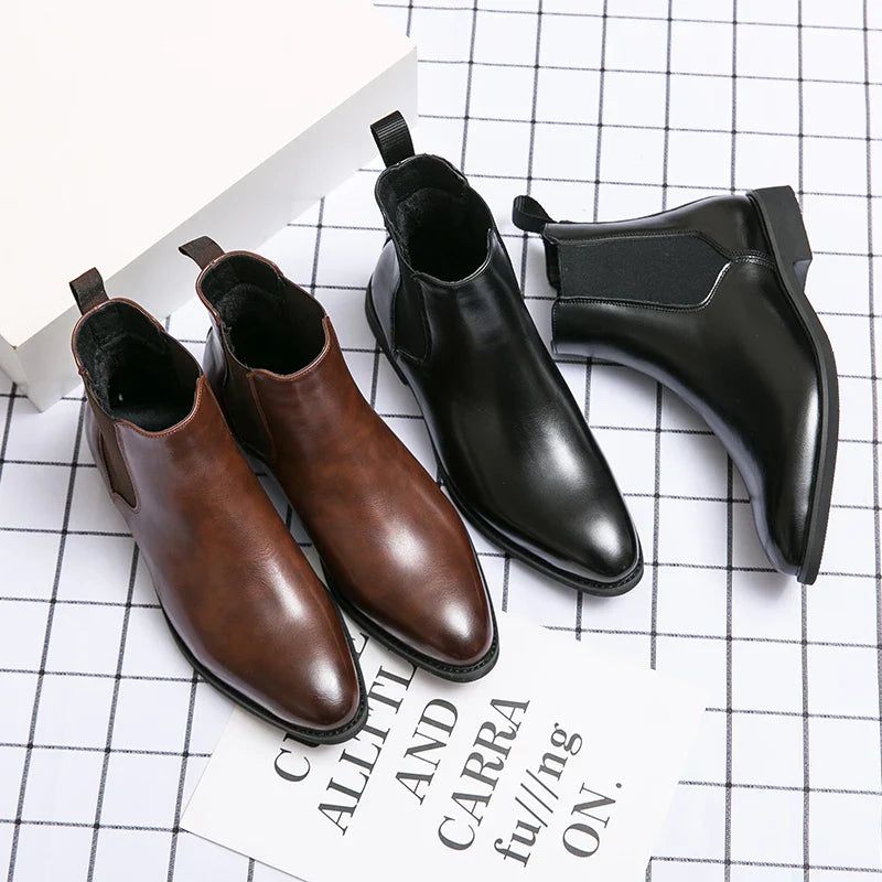 Winter Ankle Chelsea Leather Pointed Toe Boots For Men