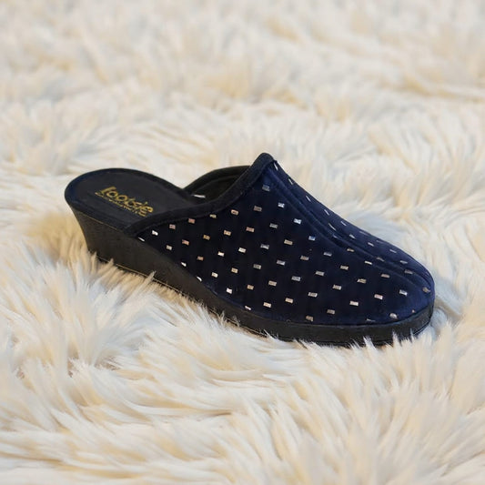 Footsie101 CB 14386F Low wedge Navy gold design slipper