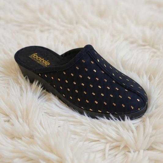 Footsie101 CB 14386F Low wedge Canalon black gold design slipper