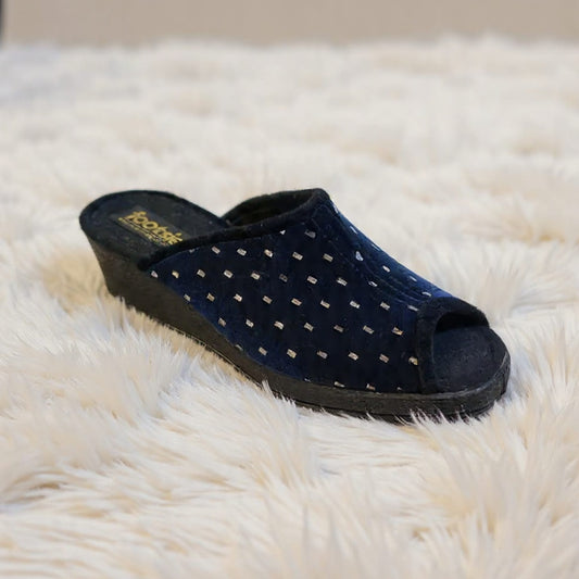 Footsie101 CB 24386F Low wedge navy gold design open toe slipper