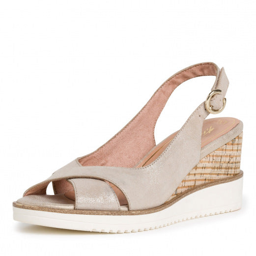 Tamaris Wedge Peep Toe Sling Back - Champagne/Pearl