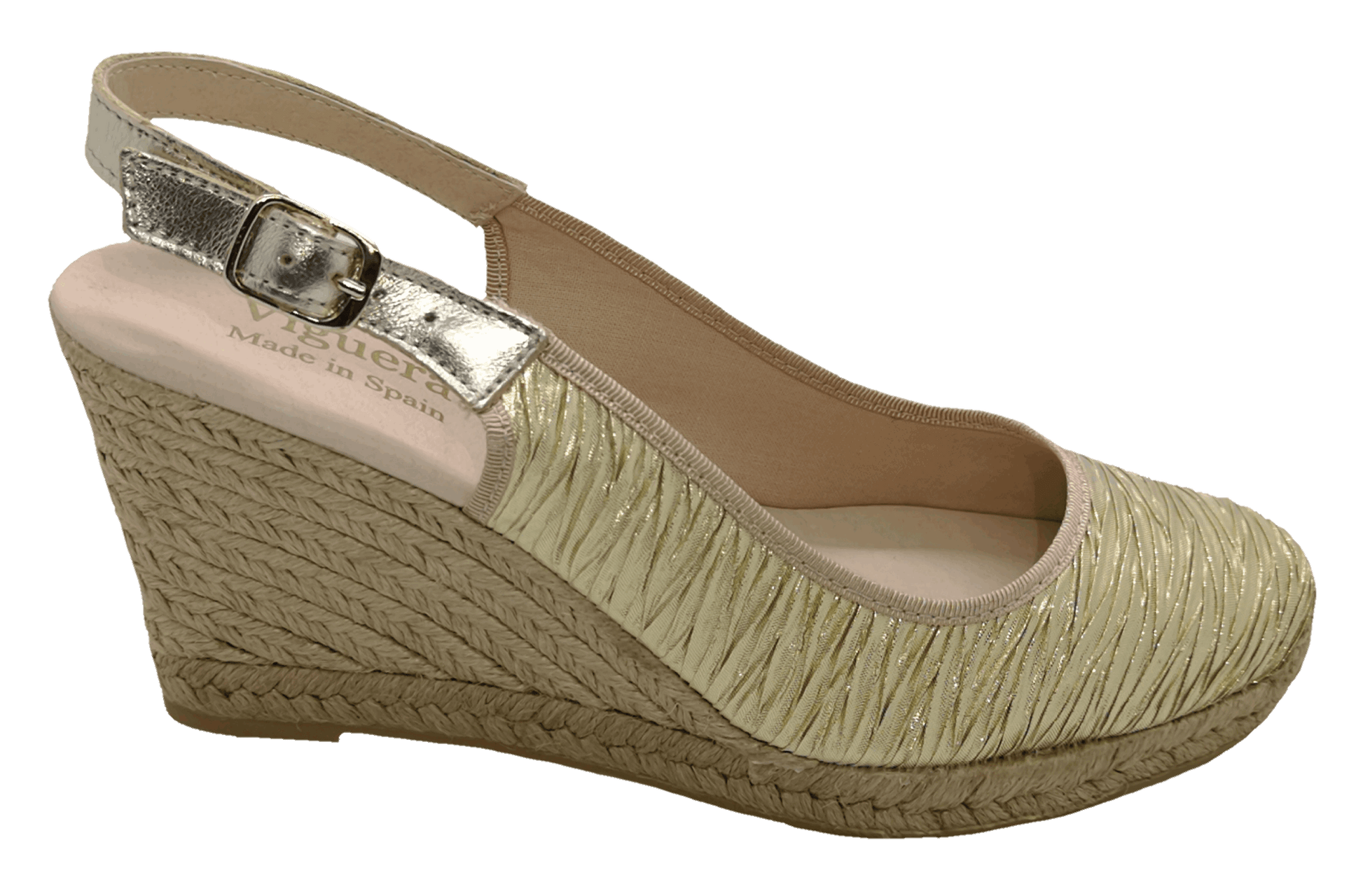 Gold Espadrille Sling Back Wedge - Viguera 1267 Plisse