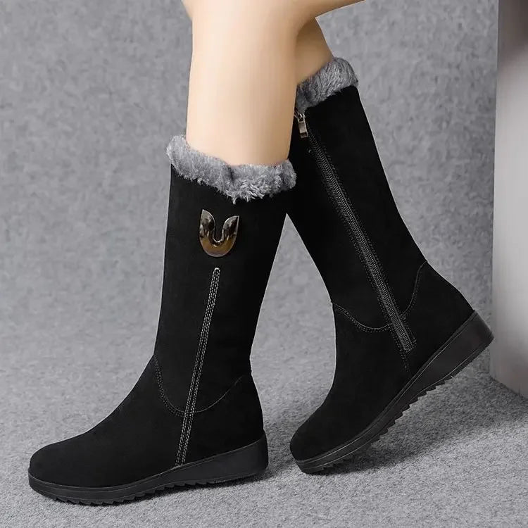 Warm High Fur Boots Women Winter Chunky Mid-calf Boots