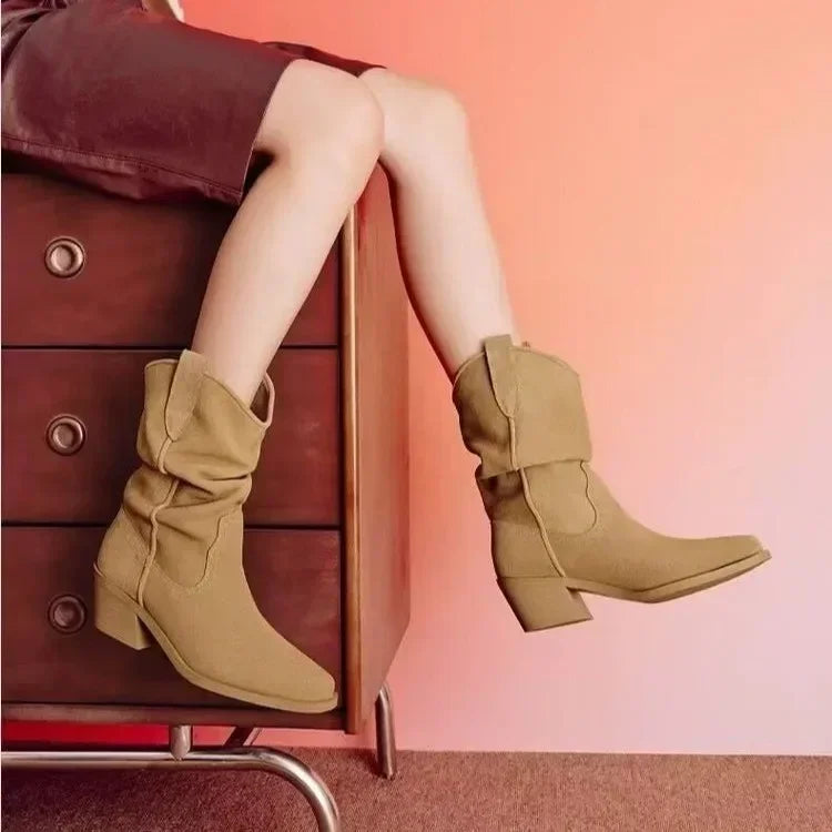 Women Chunky Heeled Western Faux Suede Ankle Boots