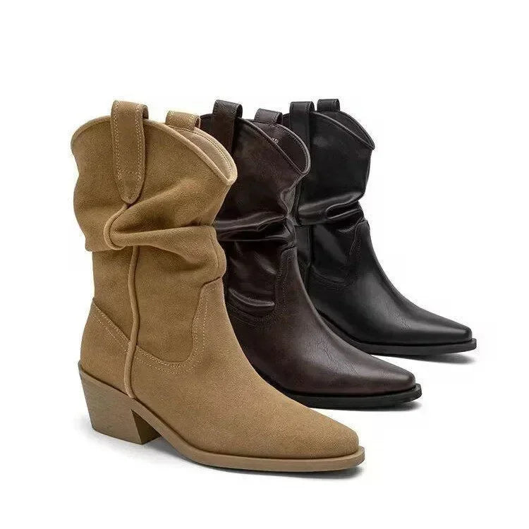 Women Chunky Heeled Western Faux Suede Ankle Boots