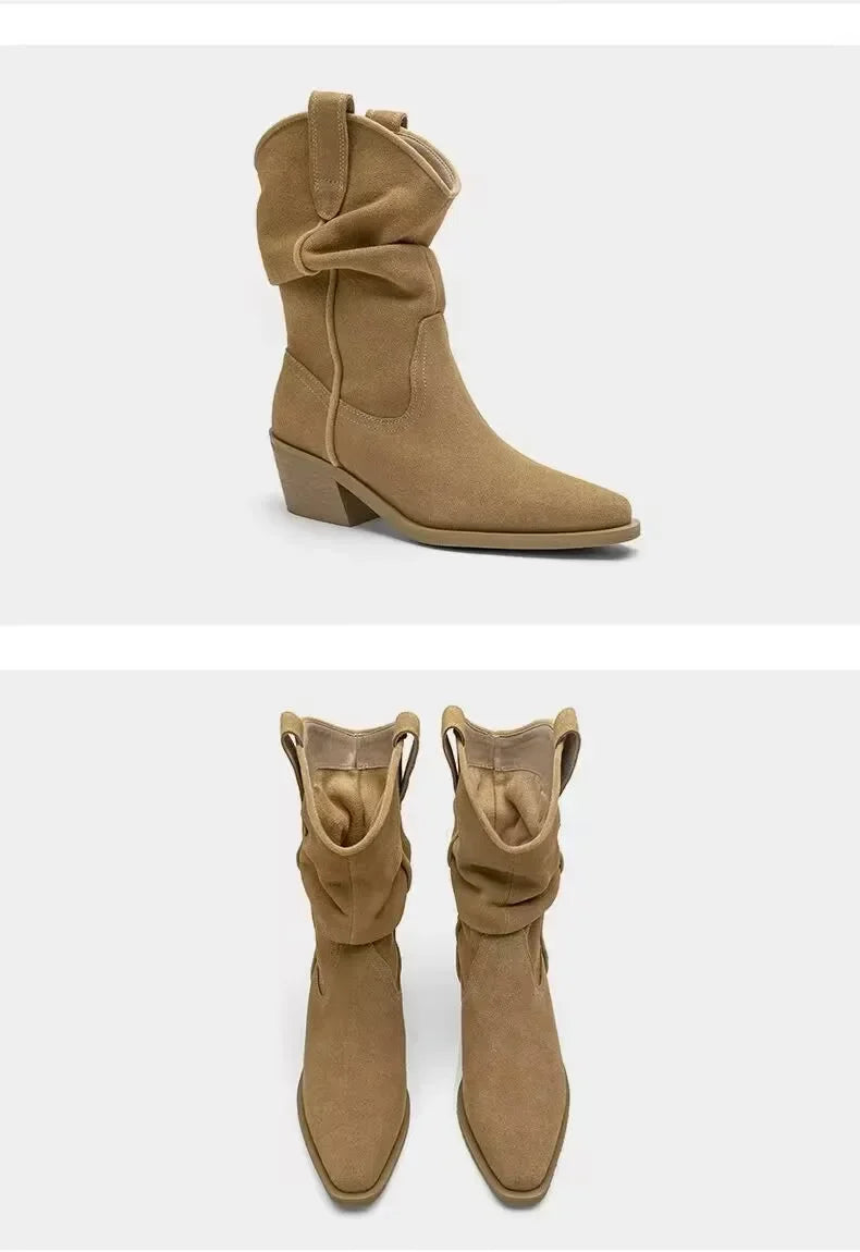 Women Chunky Heeled Western Faux Suede Ankle Boots