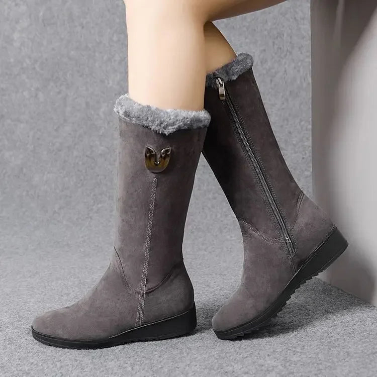 Warm High Fur Boots Women Winter Chunky Mid-calf Boots