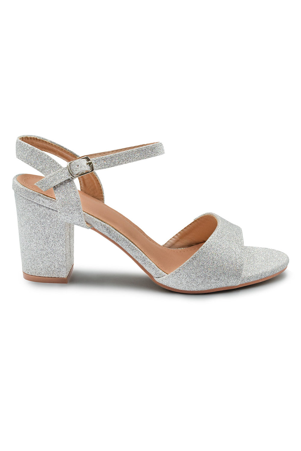 Paityn Buckle-Up Low Block-Heel Sandal in Moon Silver Glitter