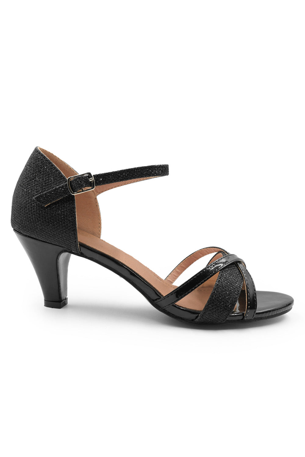 ARTEMIS Mid High Heel with Buckle Ankle Strap in Black Glitter